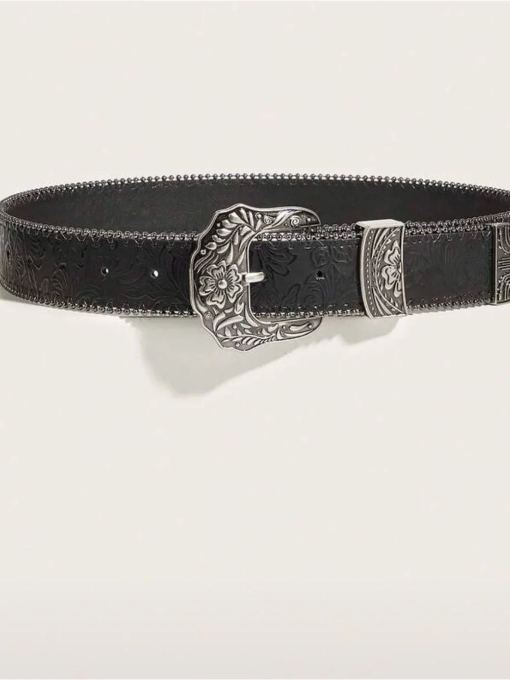 Black Western Faux Leather Belt with Floral Silver Buckle Detail